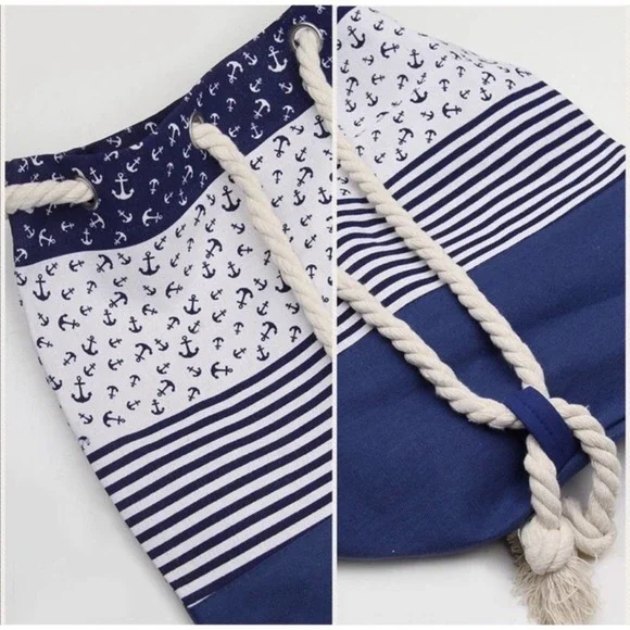 1 LEFT! Nautical Navy Ivory Beach Bucket Bag Tote Vacation Bag - Picture 7 of 7